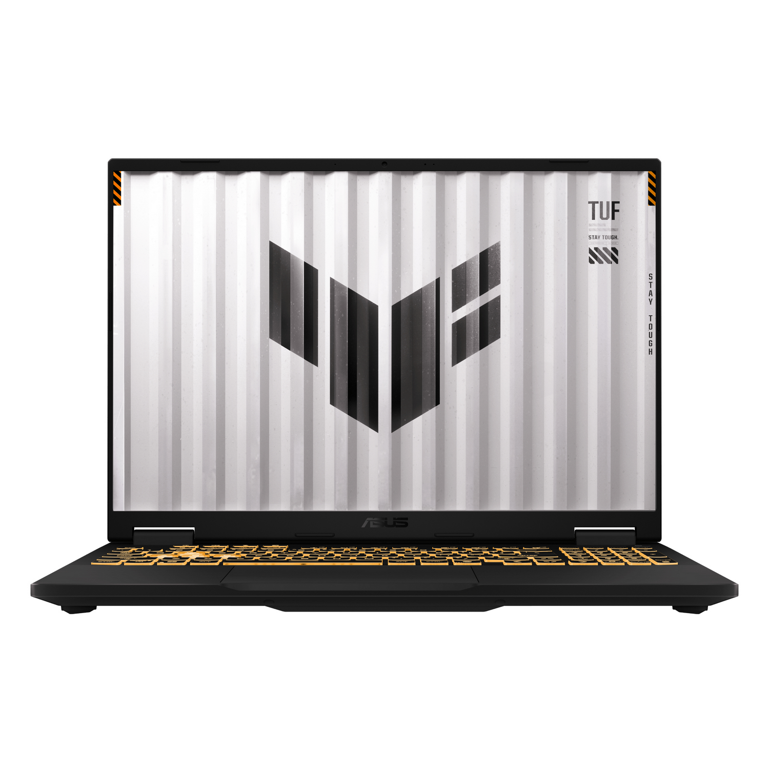 Vista frontal de un ordenador portátil negro con un teclado retroiluminado en amarillo.