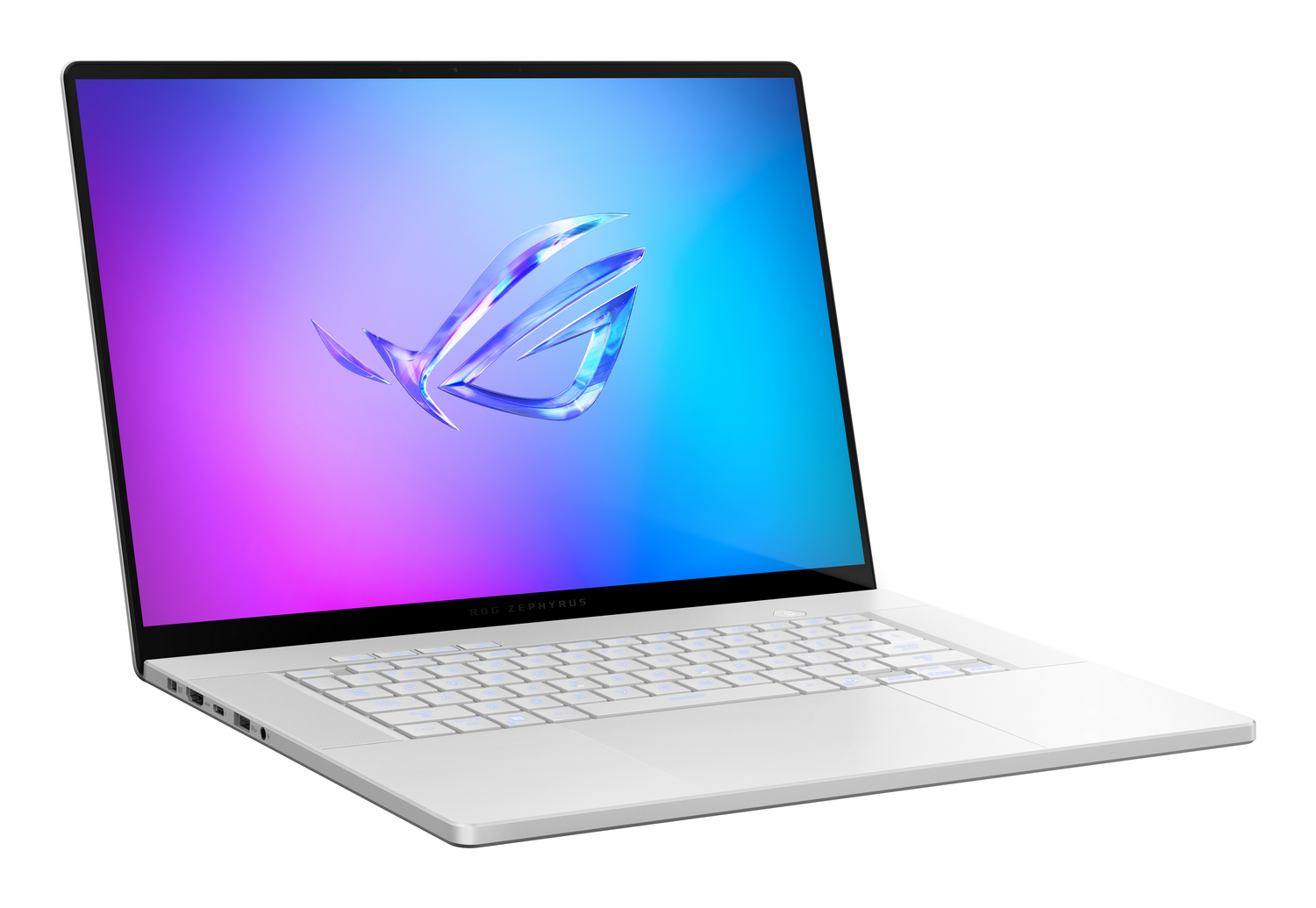 Portátil blanco con un logotipo en la pantalla. La pantalla tiene un degradado azul y morado.
