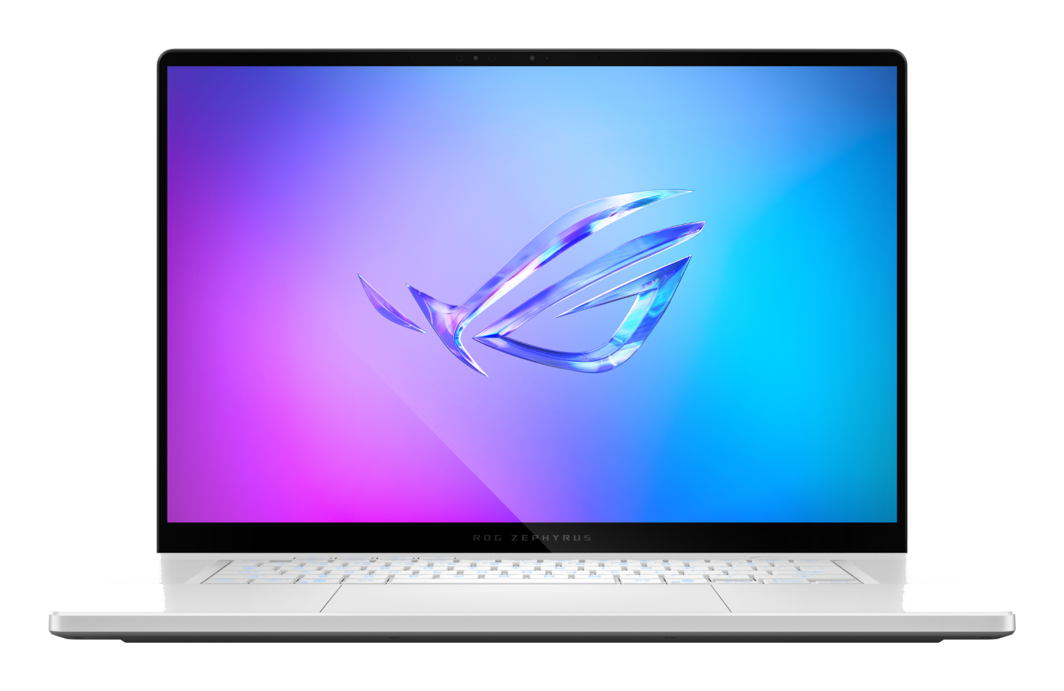 Ordenador portátil, vista superior, teclado y pantalla encendidos. Fondo blanco.