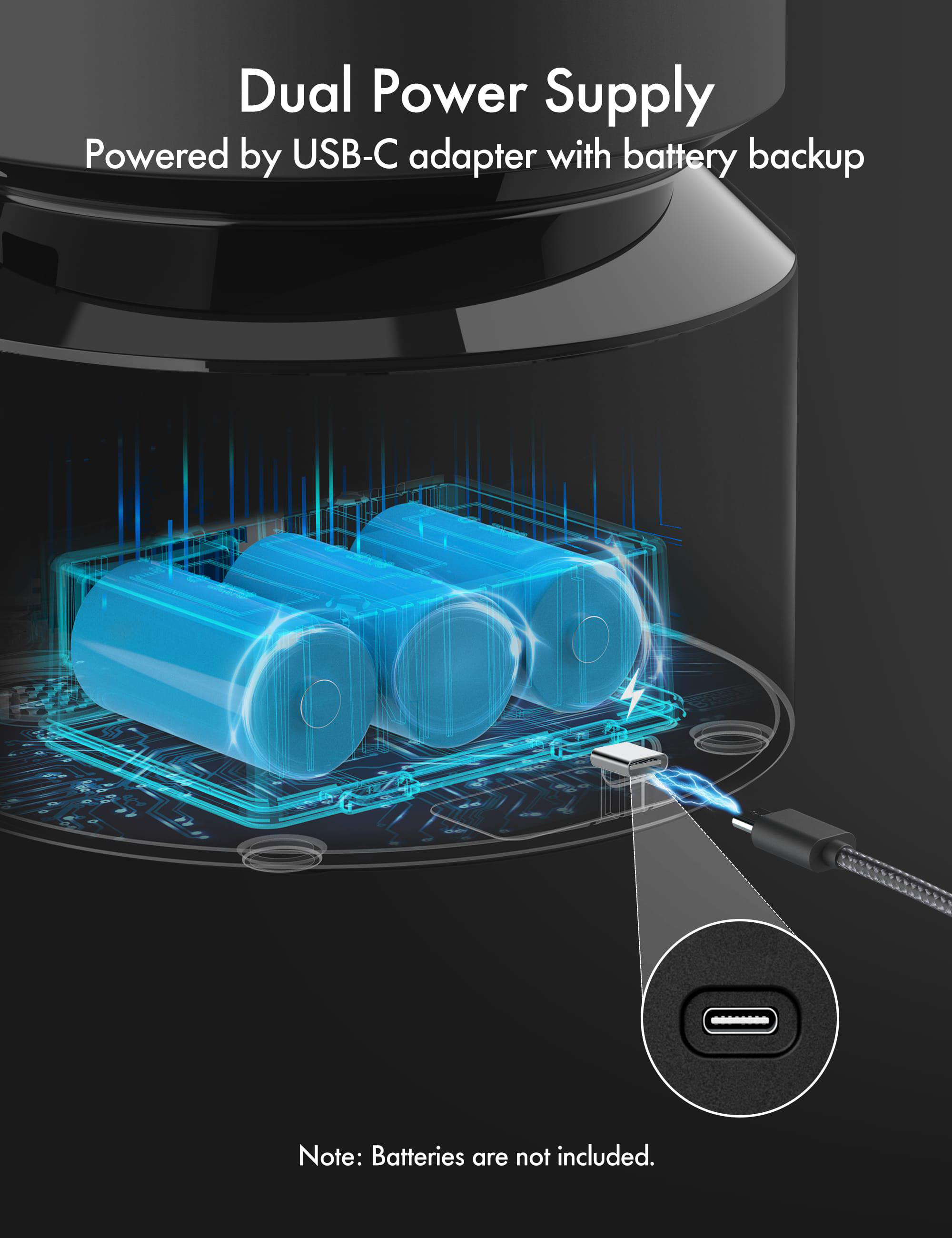 Schwarzer Haustierfutterautomat mit drei blauen Batterien und einem USB-C-Anschluss mit Kabel.