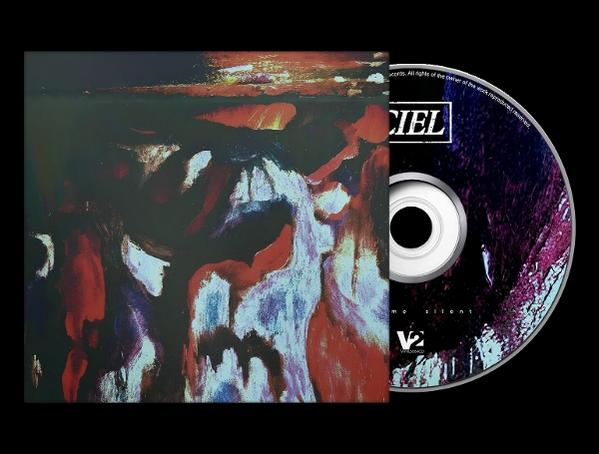 CD-Albumcover mit abstrakter Kunst und einer CD auf schwarzem Hintergrund. Die CD ist teilweise sichtbar.