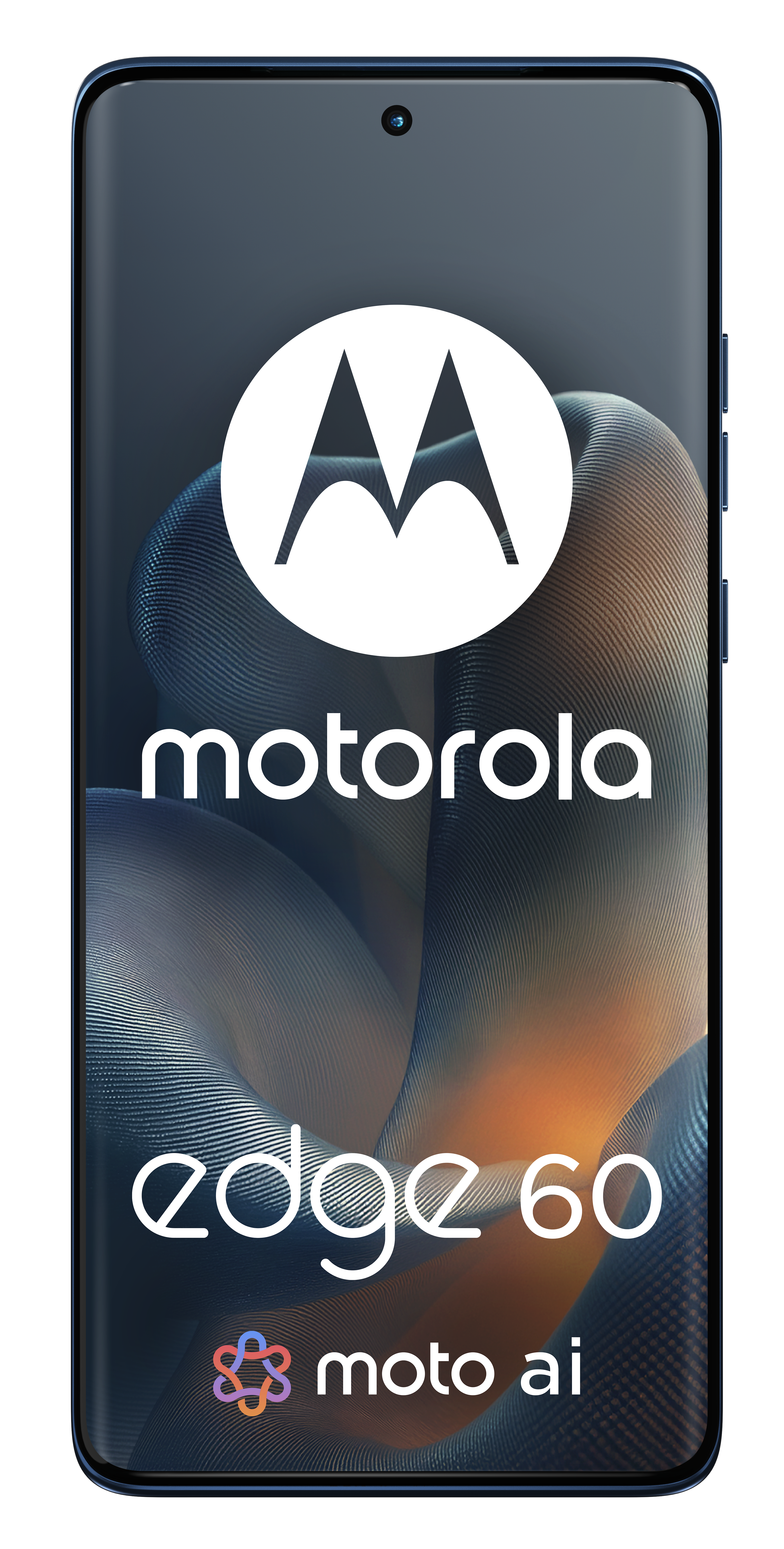 Telefon Motorola Edge 60. Białe logo Motorola. Niebieska ramka telefonu. Logo Moto AI. Ciemnoniebieskie tło.