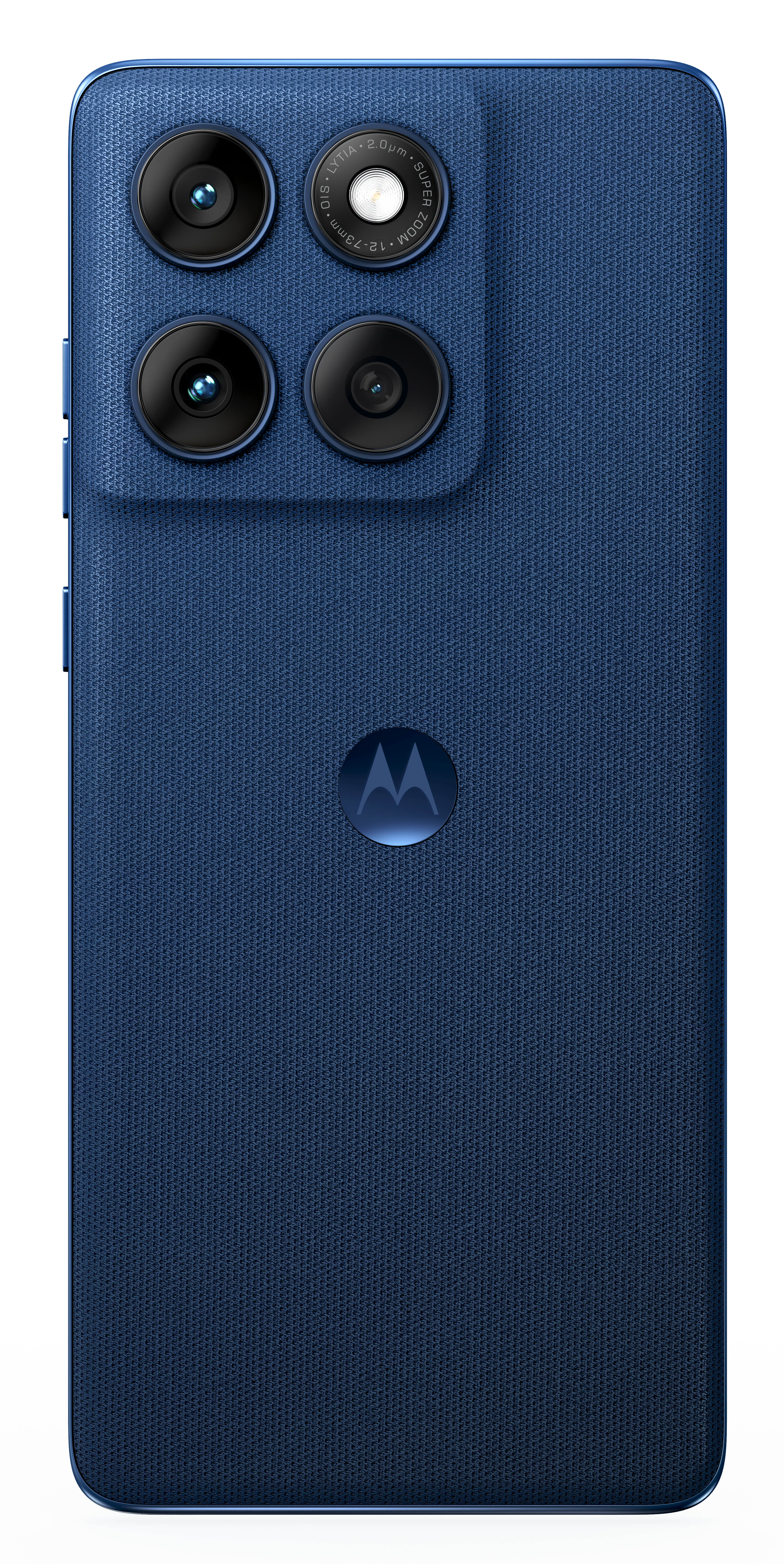 Tył niebieskiego smartfona. Ma cztery obiektywy aparatu, logo Motorola i wzór z teksturowanej tkaniny.