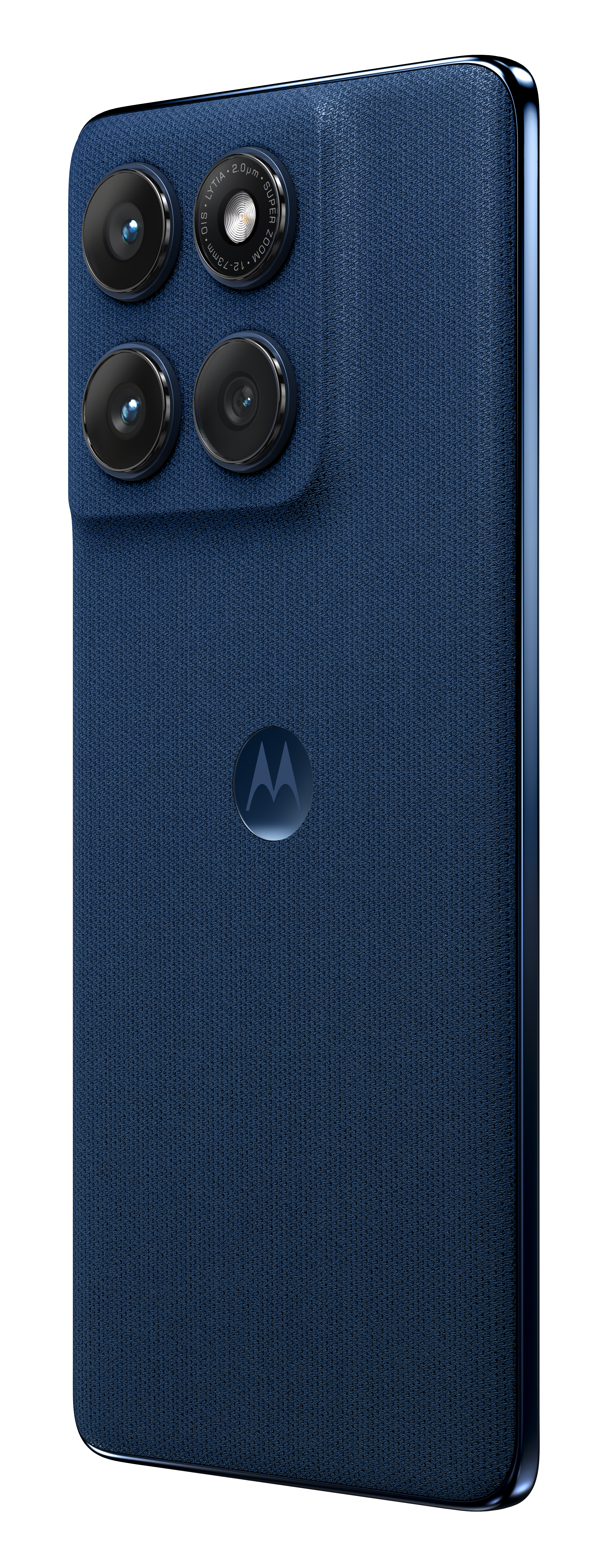 Niebieski smartfon Motorola z czterema tylnymi aparatami. Tył ma teksturowaną tkaninę, widoczne logo Motorola.