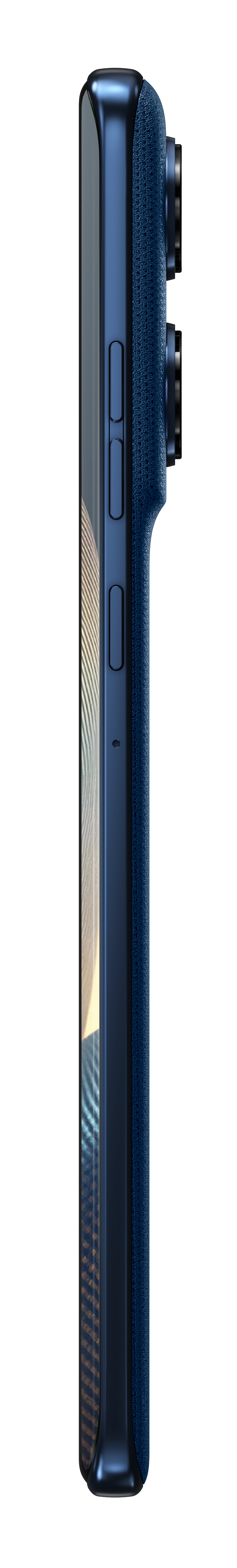 Widok z boku niebieskiego smartfona z przyciskami i teksturowanym tyłem.
