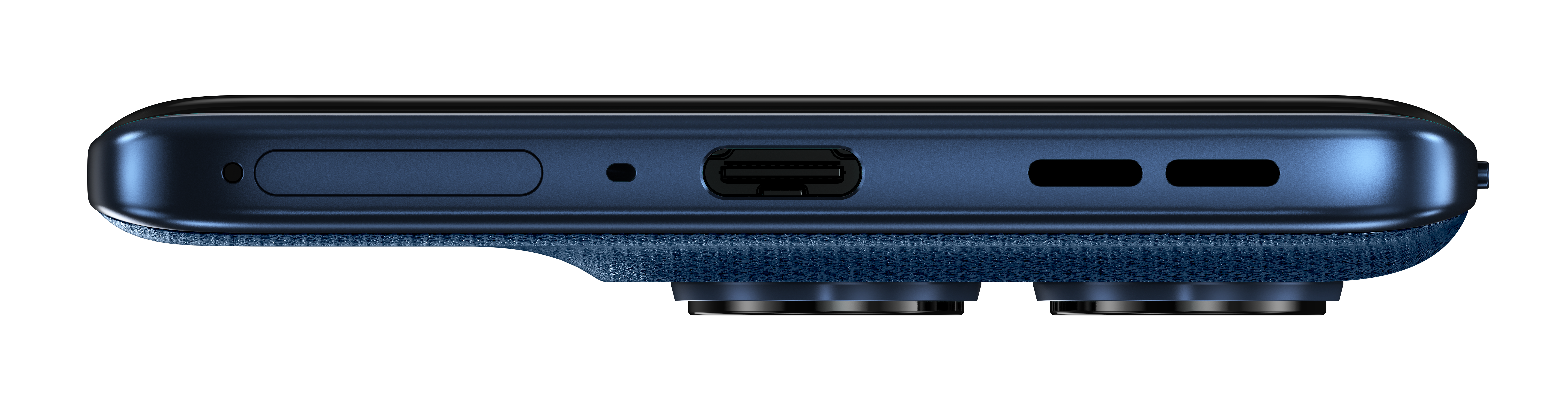 Widok z boku ciemnoniebieskiego smartfona. Ma port USB-C, głośnik i dwa gniazda. Czarne tło.