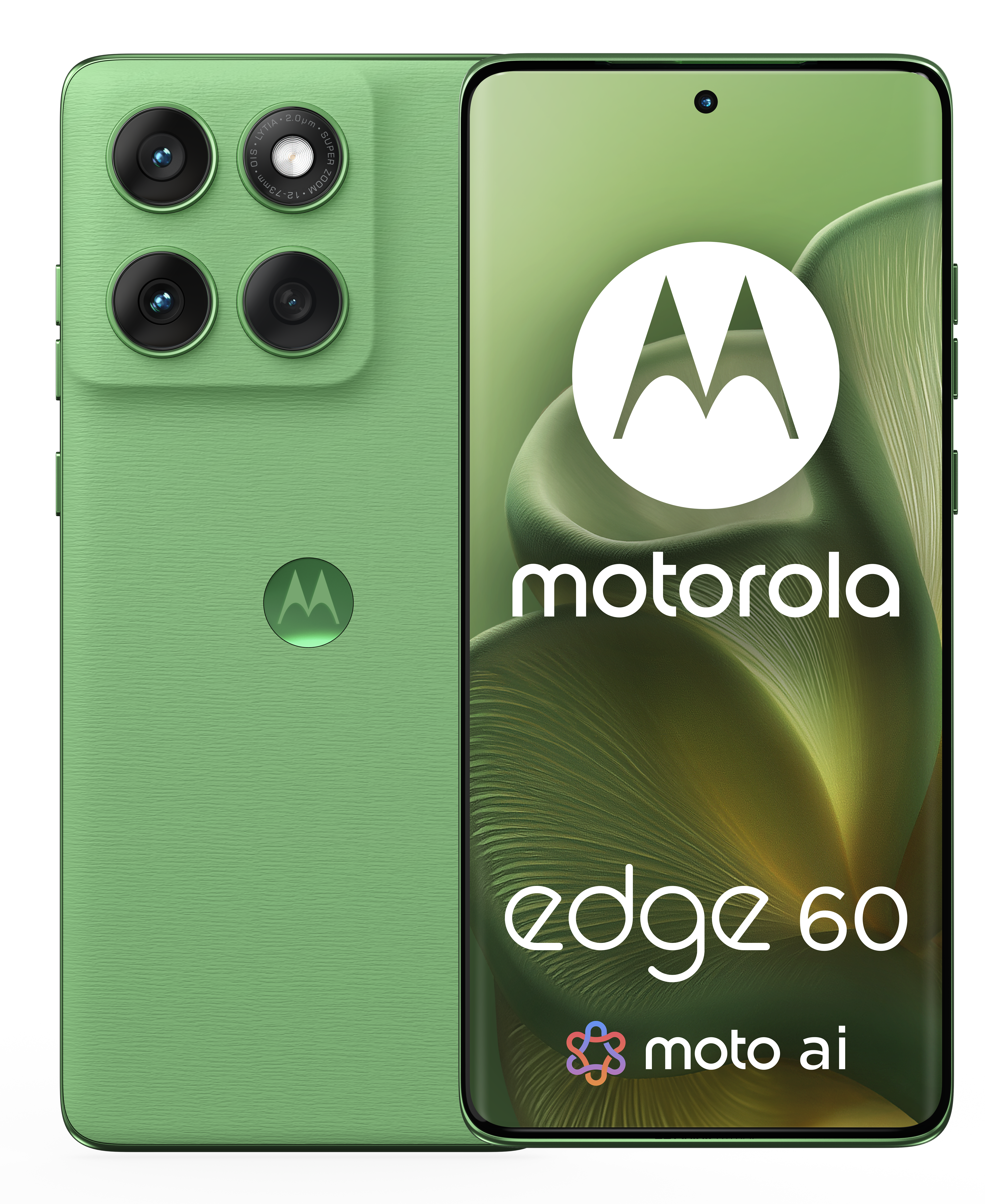 Pokazano zielony telefon Motorola Edge 60. Ekran wyświetla logo Motorola, nazwę modelu i moto ai.