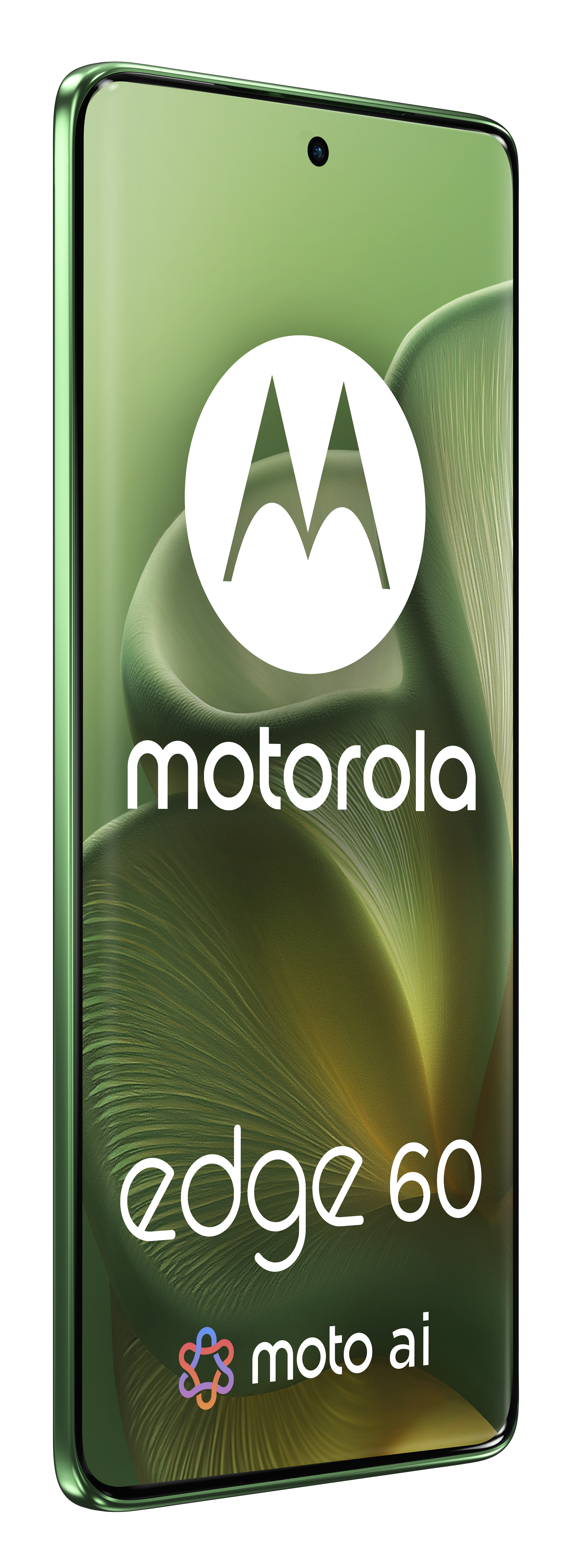 Zielony telefon Motorola Edge 60 z logo marki na zielonym tle.