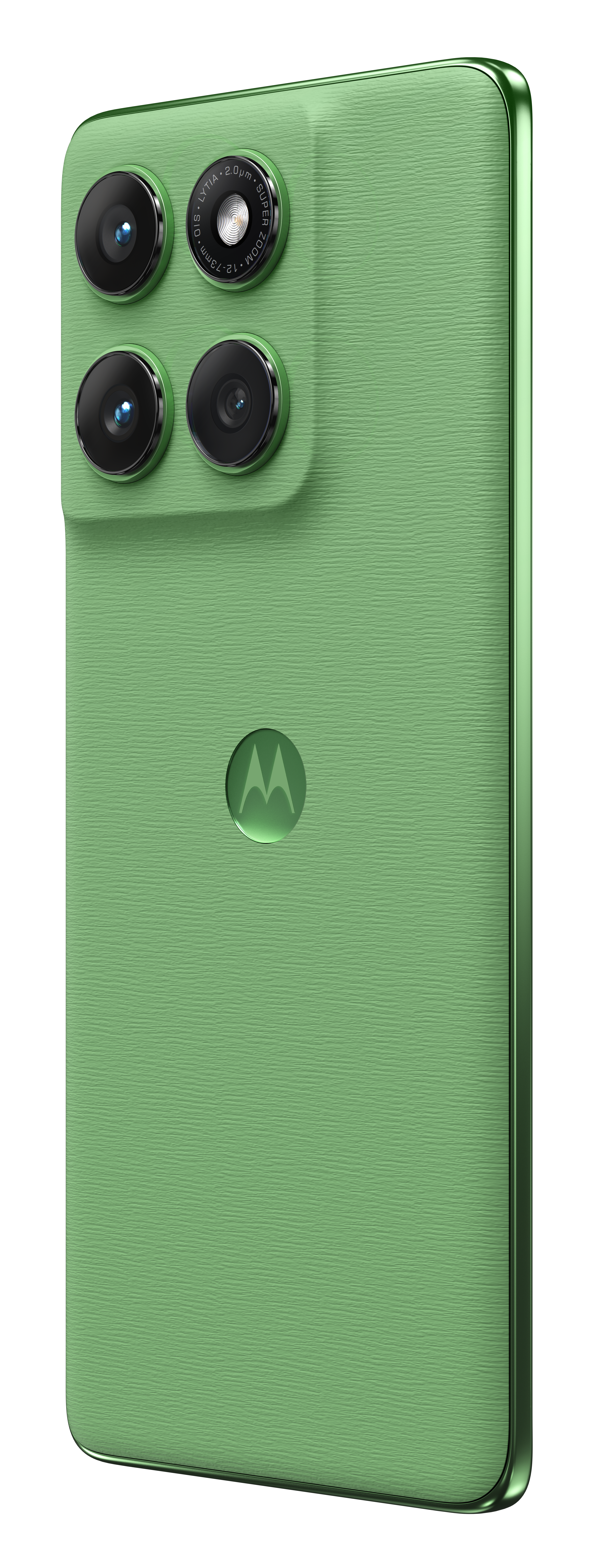 Zielony tył telefonu Motorola. Cztery obiektywy aparatu, logo Motorola, zielona tekstura i metalowa ramka.