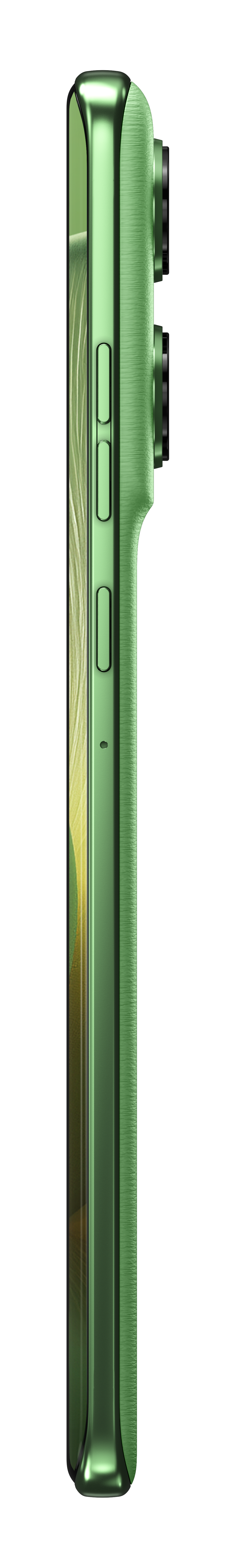 Widok z boku zielonego smartfona na czarnym tle. Pokazuje przyciski i aparat.