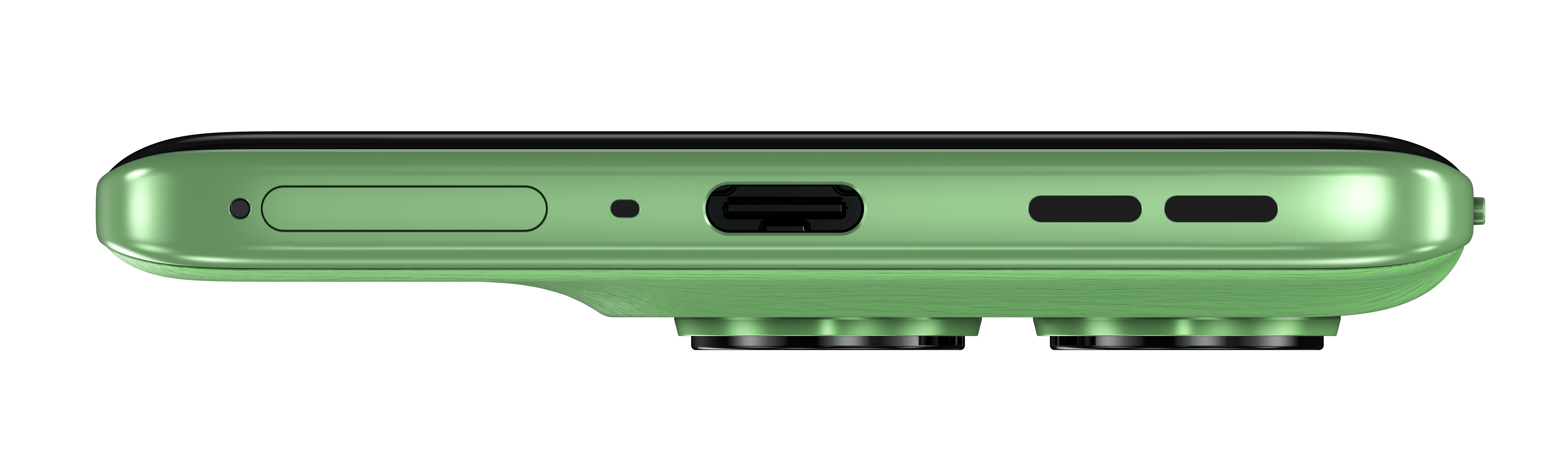 Zbliżenie dolnej części zielonego telefonu, czarne tło.