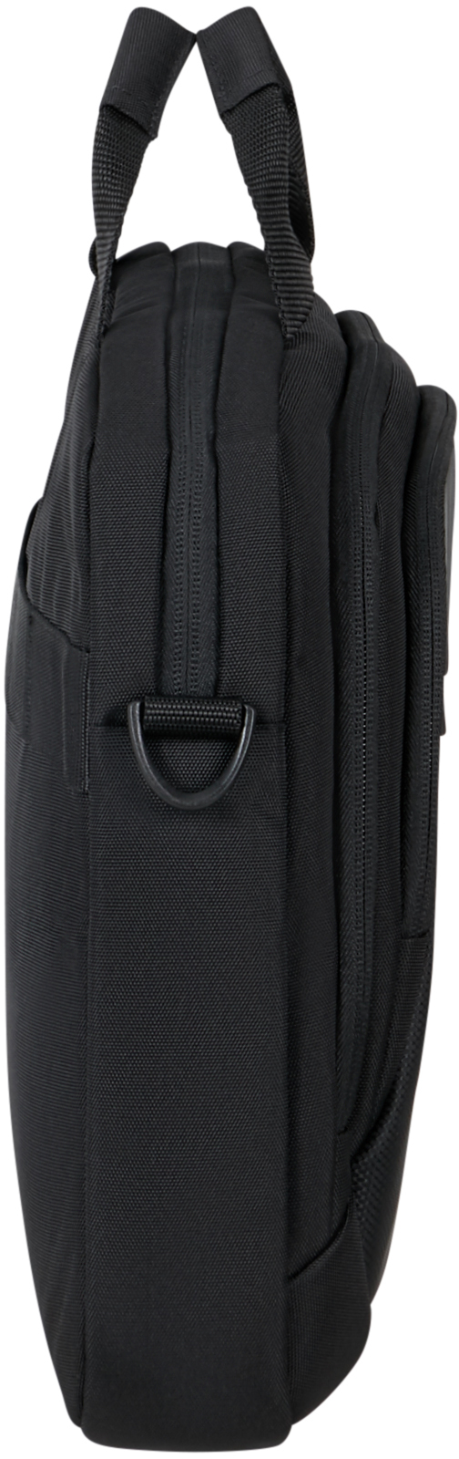 Czarna teczka, widok z boku. Ma uchwyt, boczne mocowanie paska i zamek błyskawiczny.