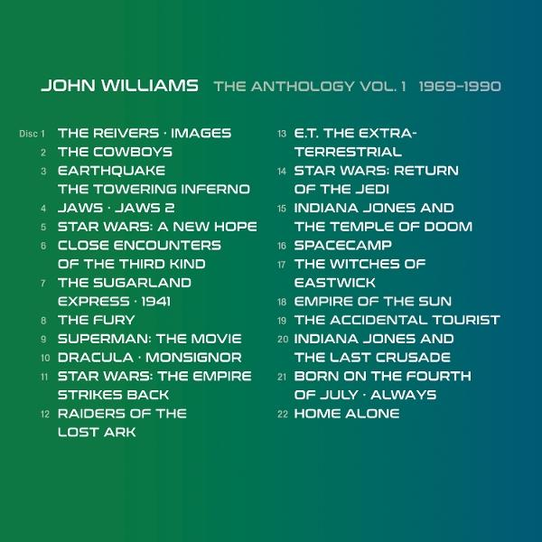 CD-Cover: John Williams Anthologie, Film-Scores wie Star Wars, Indiana Jones und E.T. auf blau-grünem Farbverlauf.