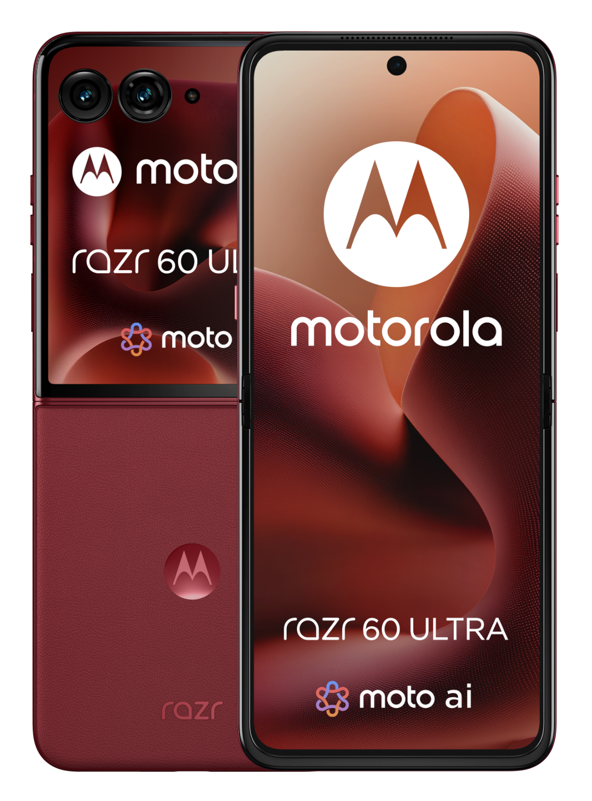 Zamknięty czerwony Motorola Razr 60 Ultra z interfejsem na ekranie.