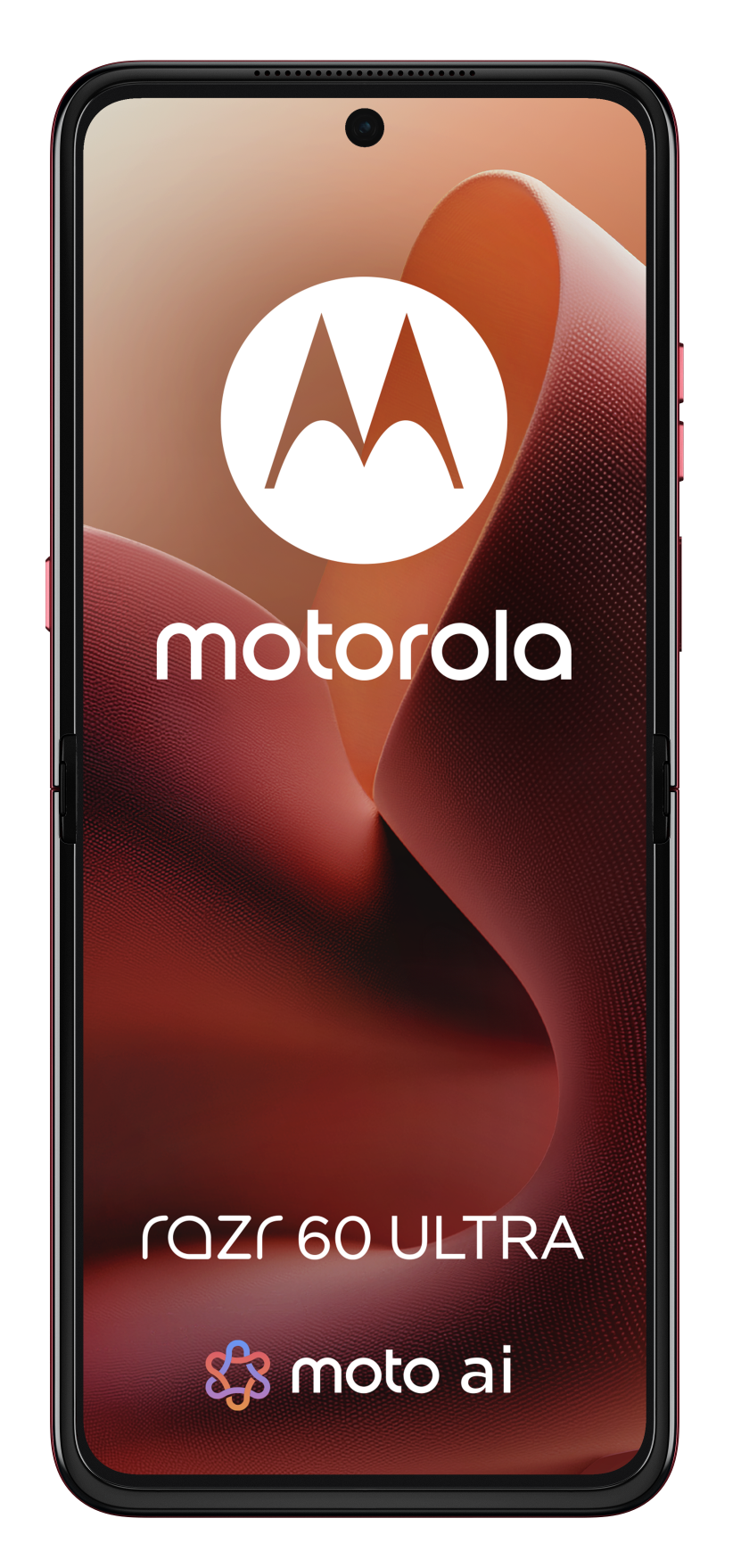 Czerwony telefon Motorola Razr 60 Ultra wyświetlający interfejs.