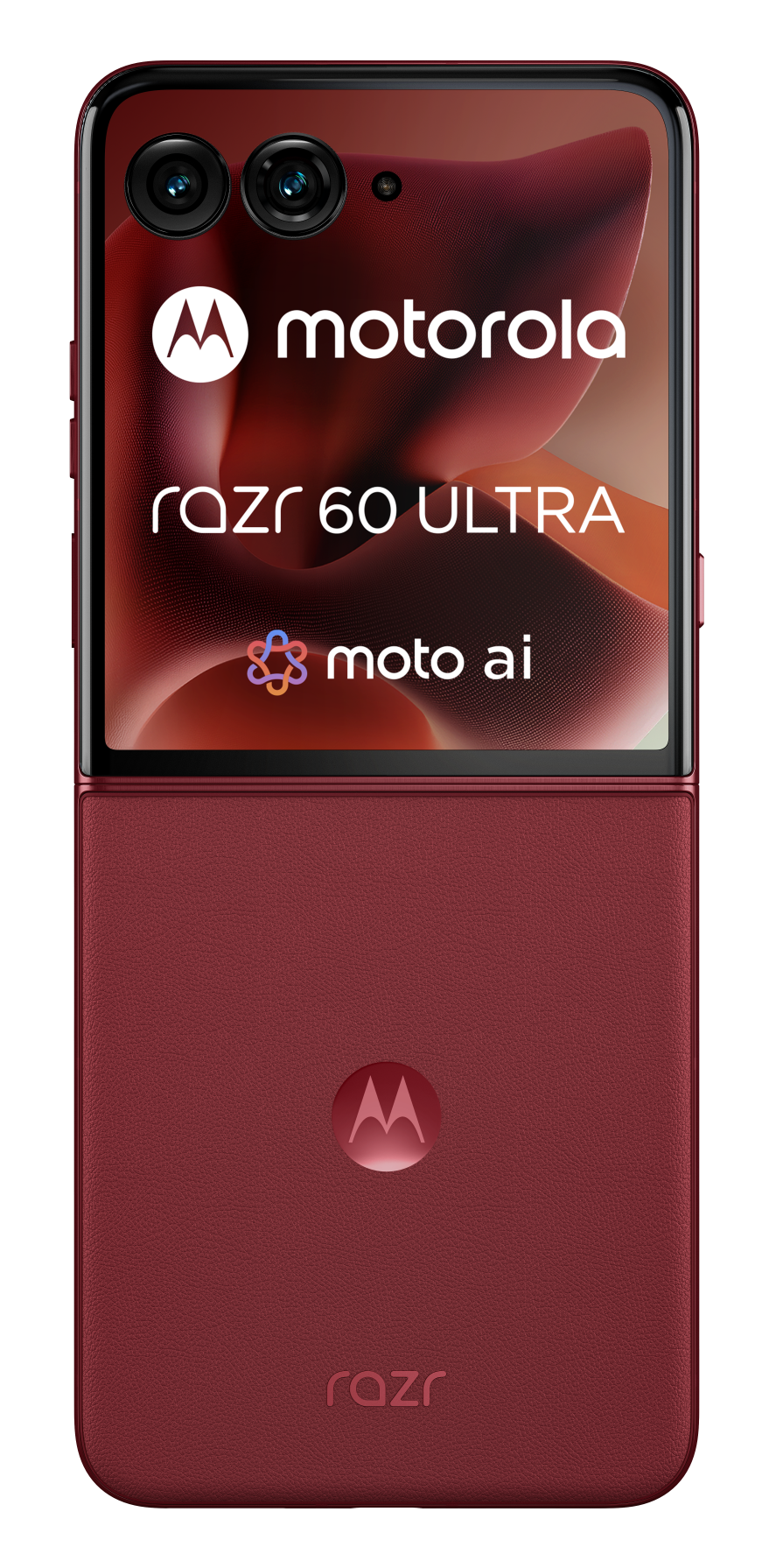Zamknięty czerwony telefon Motorola Razr 60 Ultra, pokazujący tył i ekran.