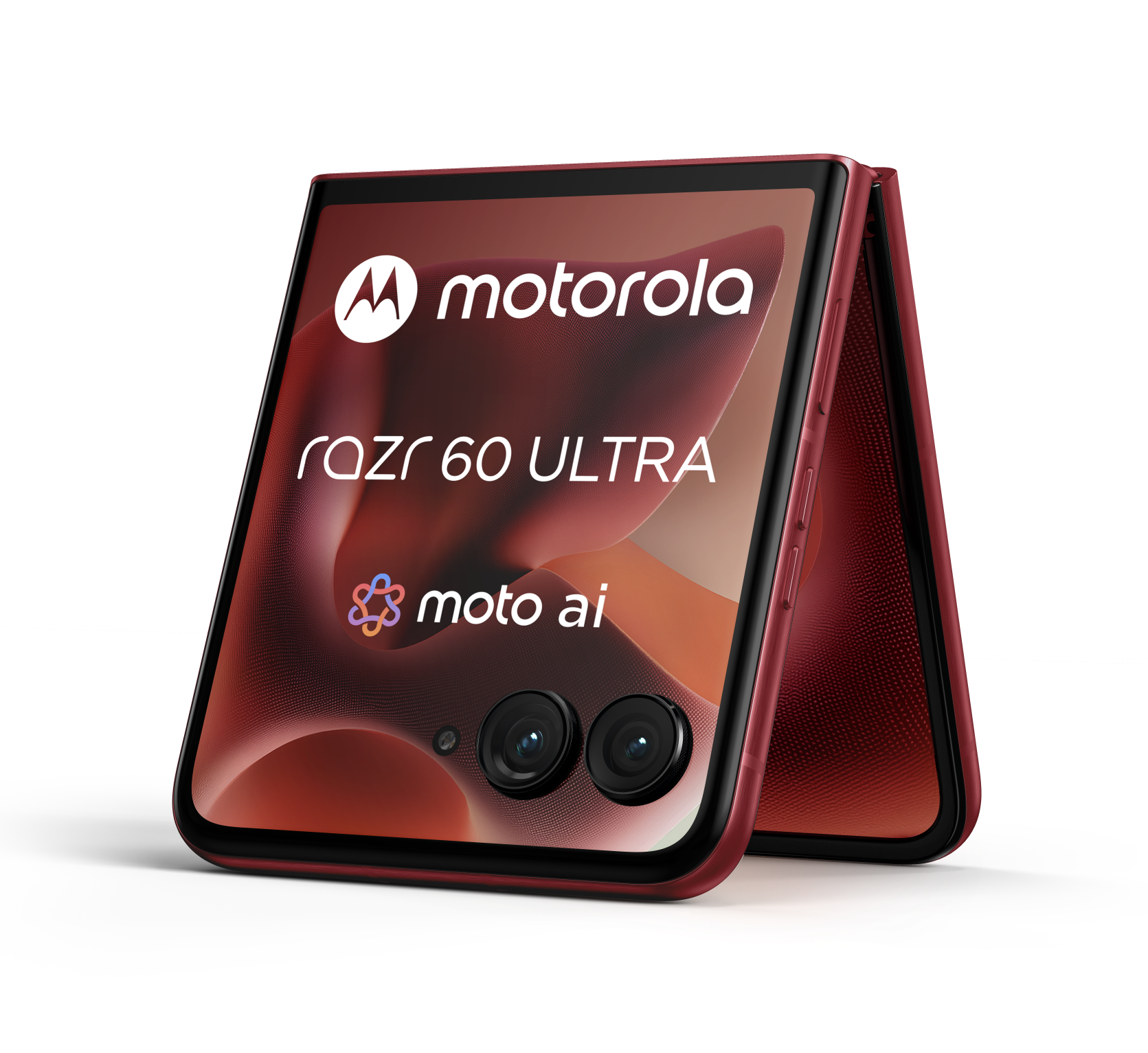 Czerwony telefon Motorola Razr 60 Ultra, częściowo otwarty, pokazujący ekran i aparat.