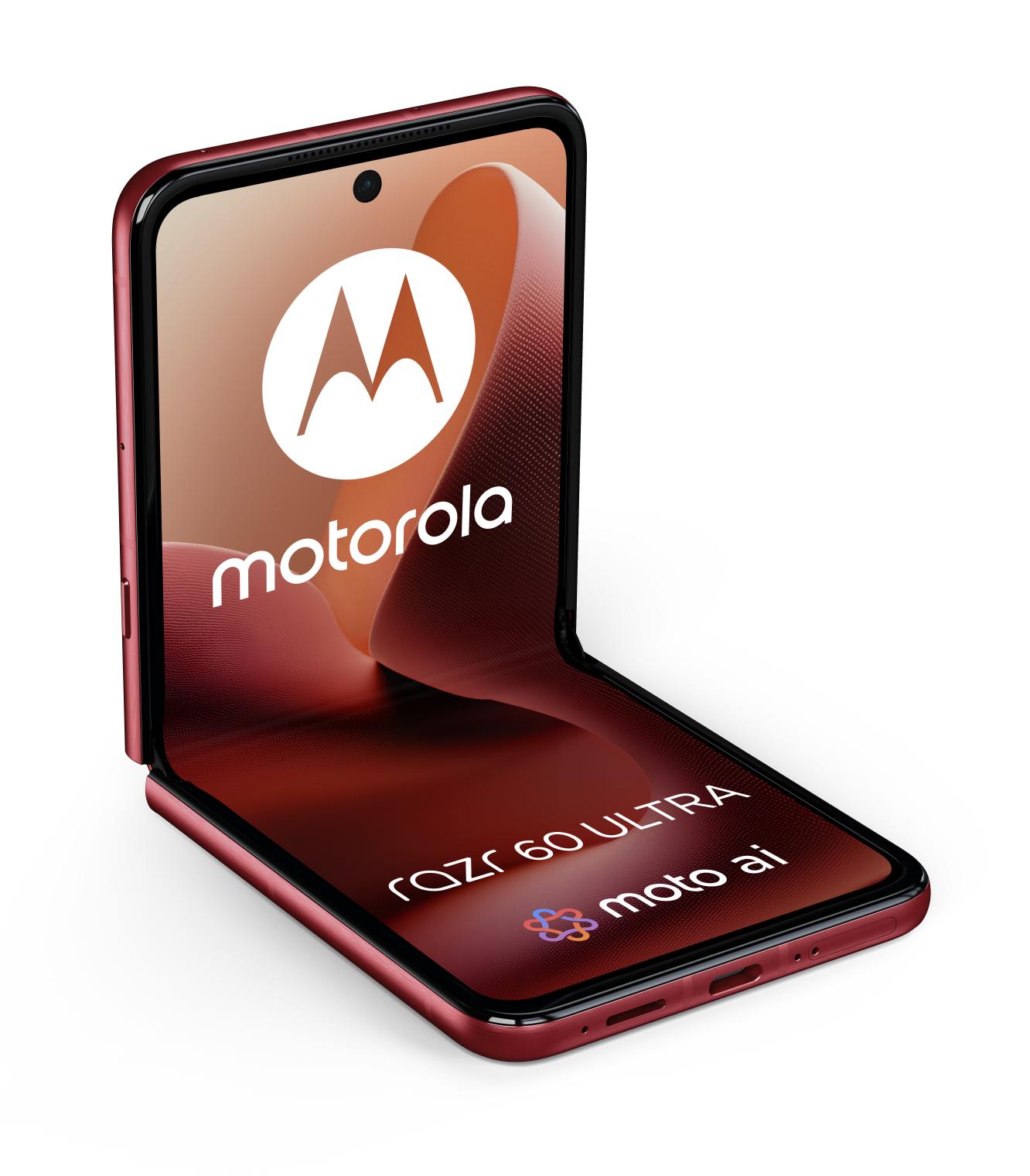Czerwony telefon Motorola Razr 60 Ultra, otwarty, z logo na ekranie, na czarnym tle.