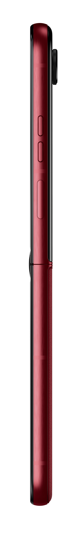 Widok z boku czerwonego telefonu Motorola Razr, z przyciskami i zawiasem.