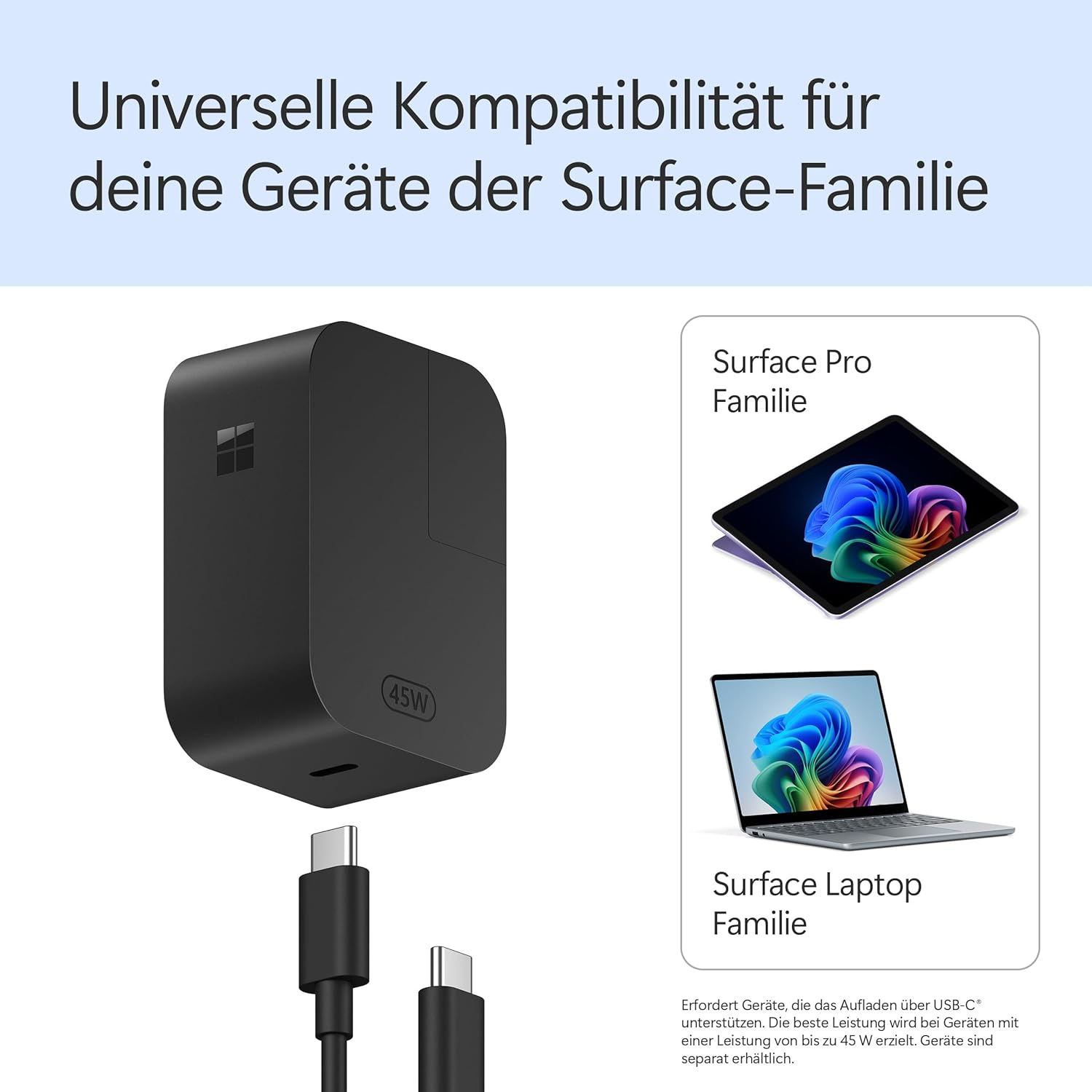 L'immagine mostra un caricabatterie nero, un tablet e un laptop. Testo: Famiglia Surface.