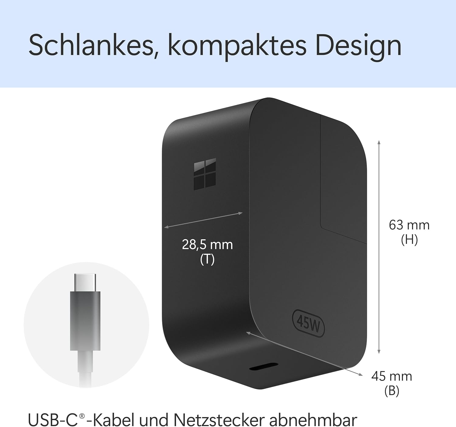 Caricabatterie nero con dimensioni e cavo USB-C.