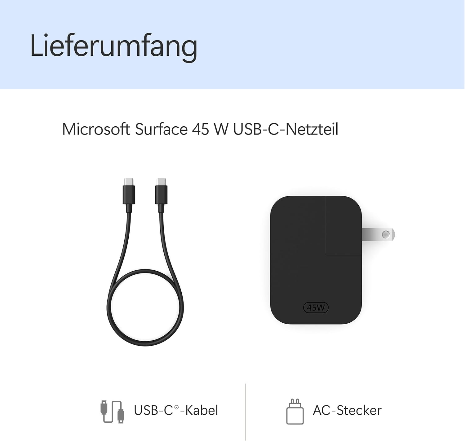 L'immagine mostra un cavo USB-C e una spina CA, entrambi neri.