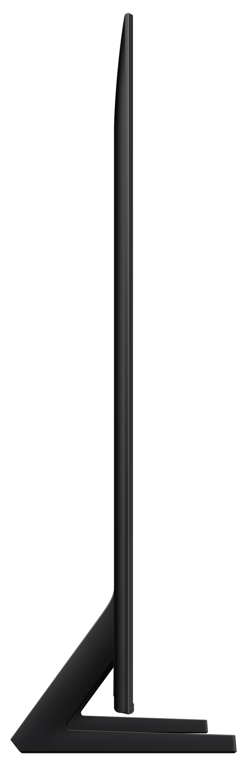 Czarny, smukły telewizor jest pokazany z boku, ze stojakiem. Tło jest białe.