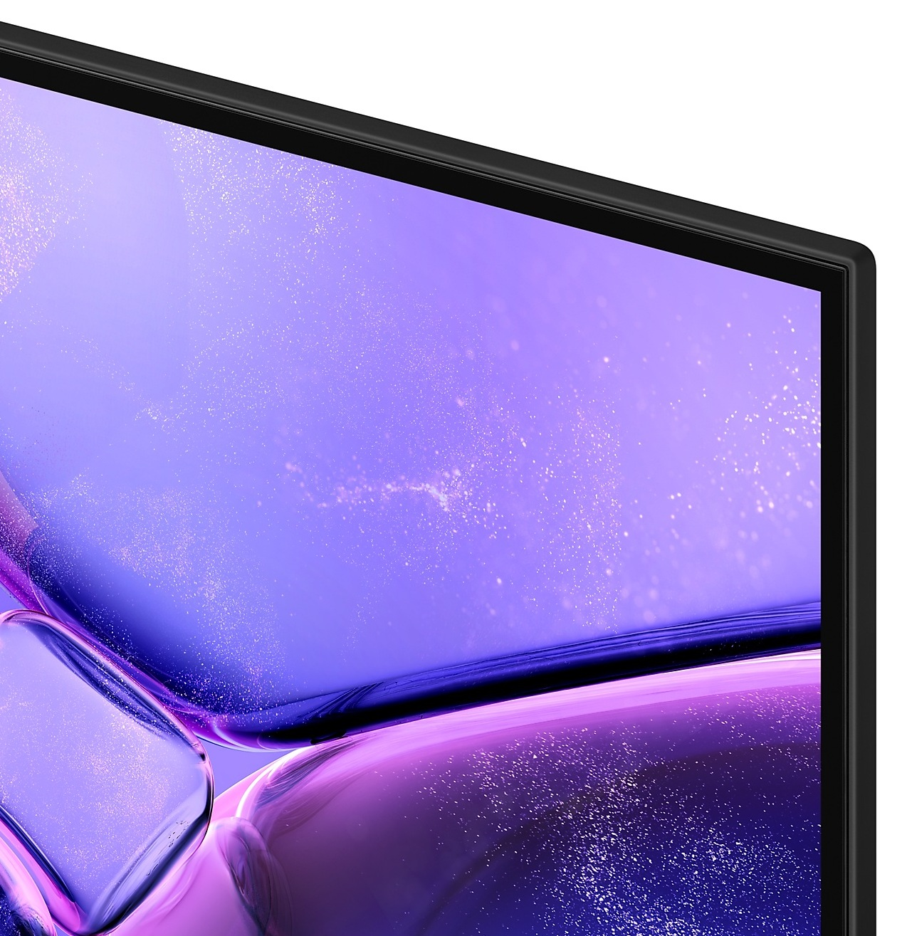 Zbliżenie rogu telewizora Samsung. Ekran wyświetla fioletowy abstrakcyjny obraz z bąbelkami.