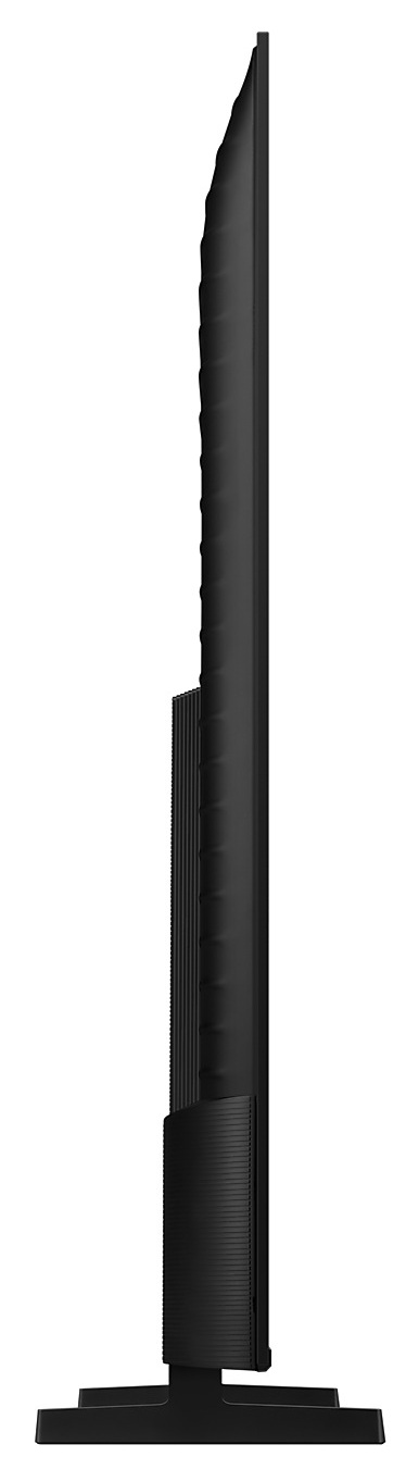 Widok z boku czarnego telewizora na białym tle. Telewizor ma prostokątną podstawę i cienką ramkę.