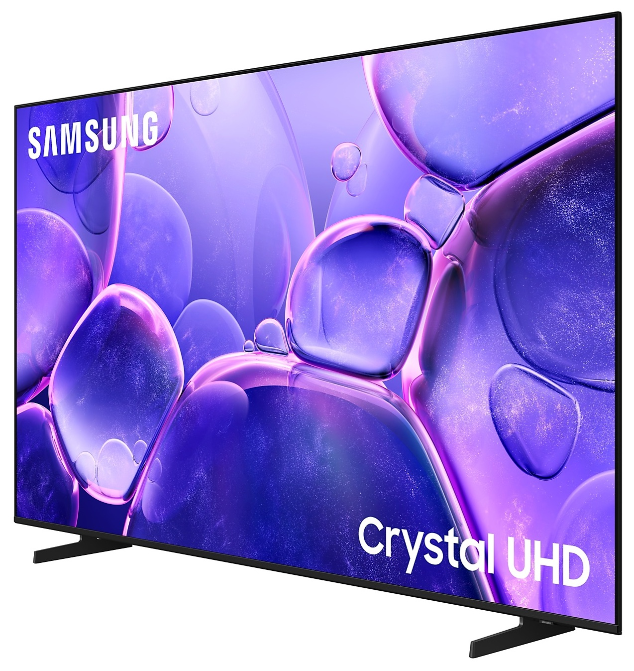 Telewizor Samsung z fioletowo-niebieskim abstrakcyjnym tłem. Telewizor jest włączony.