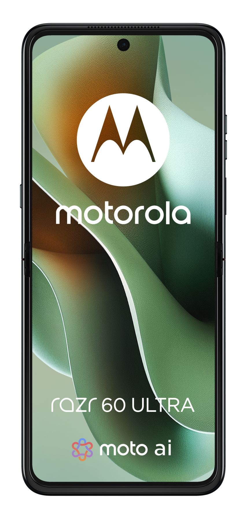 Otwarty zielony telefon wyświetlający markę Motorola Razr 60 Ultra na ekranie.
