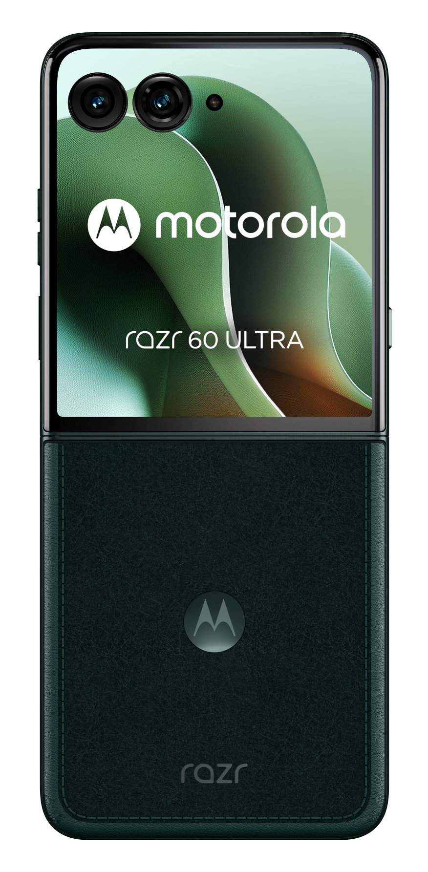 Złożony zielony telefon z teksturowaną zieloną tylną obudową i marką Motorola.