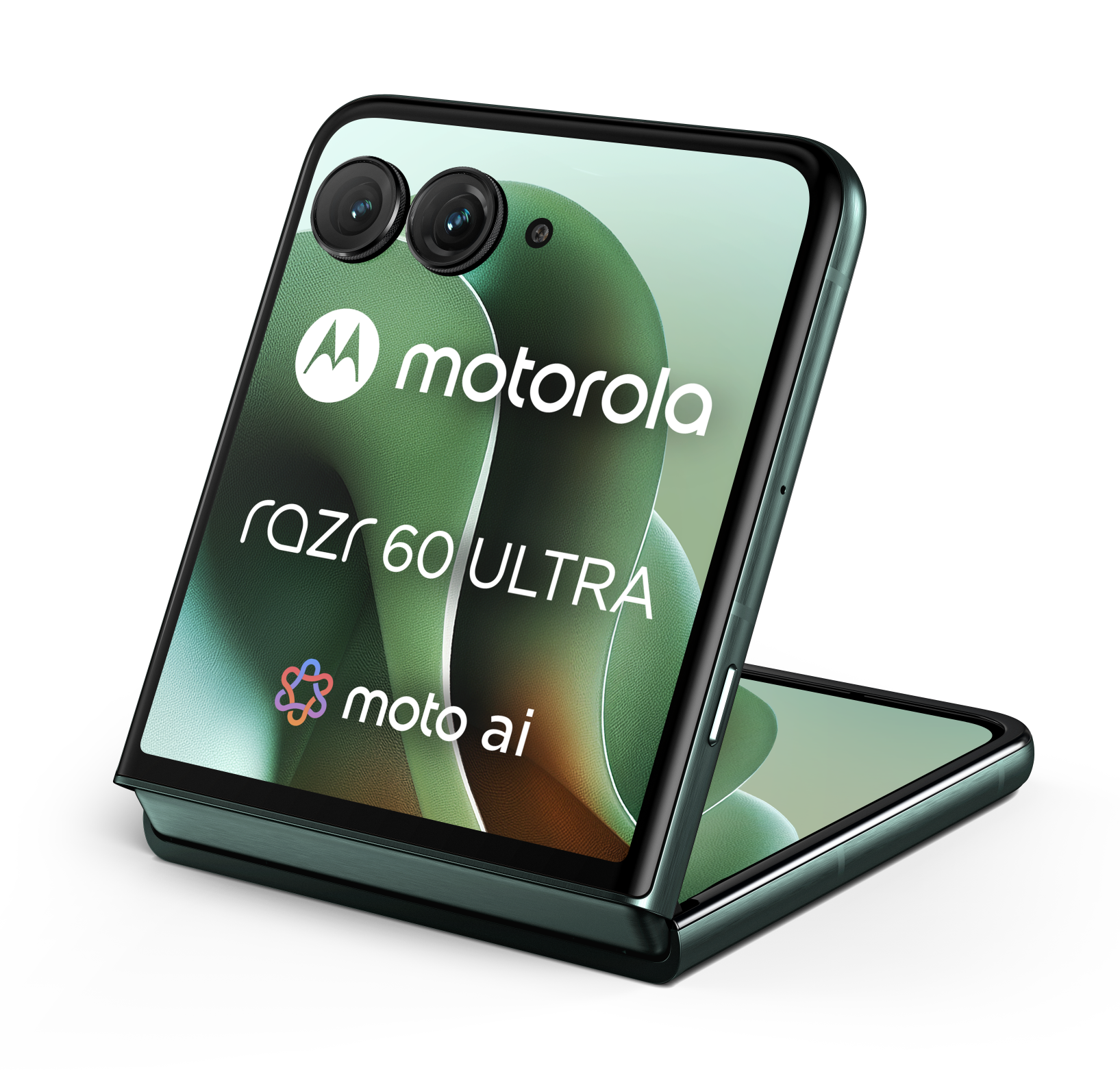 Motorola Razr 60 Ultra, otwarty. Zielony telefon, czarna ramka, podwójne kamery. Widoczne logo Motorola.