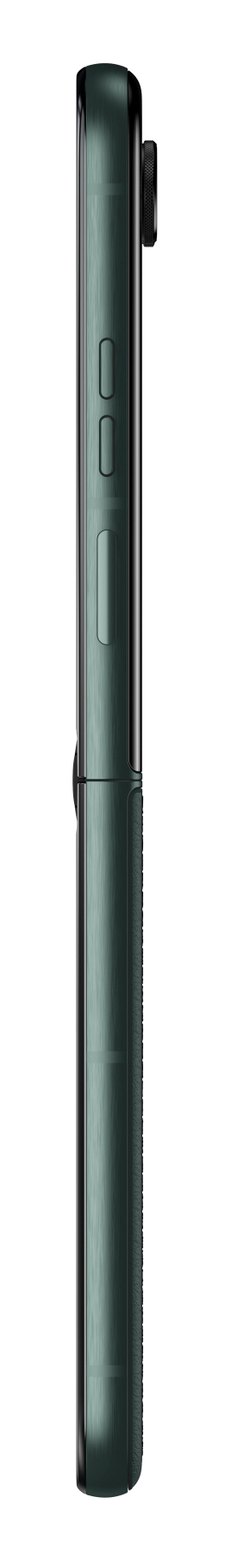 Motorola Razr, widok z boku. Zielony telefon, czarna ramka. Widoczne przyciski i aparat.