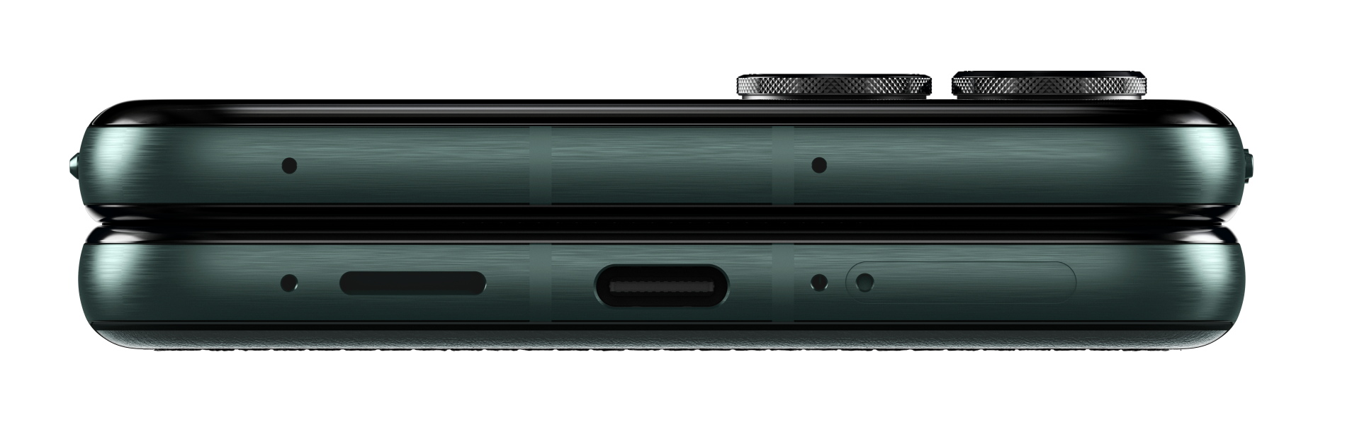 Motorola Razr, widok z góry i z dołu. Zielony telefon, czarna ramka. Widoczny port ładowania.