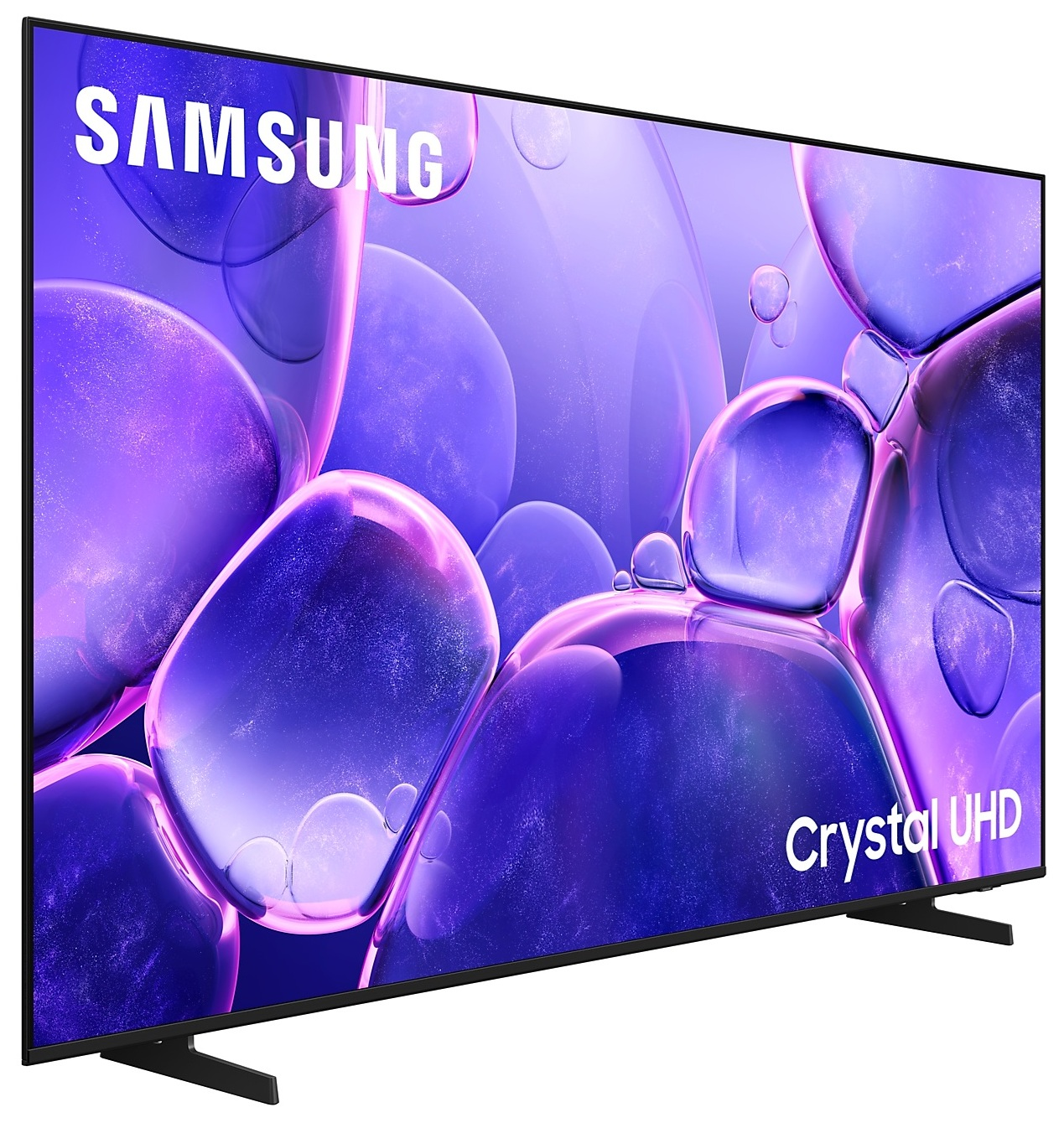 Telewizor Samsung z fioletowym tłem abstrakcyjnym. Widoczna nazwa marki i Crystal UHD.