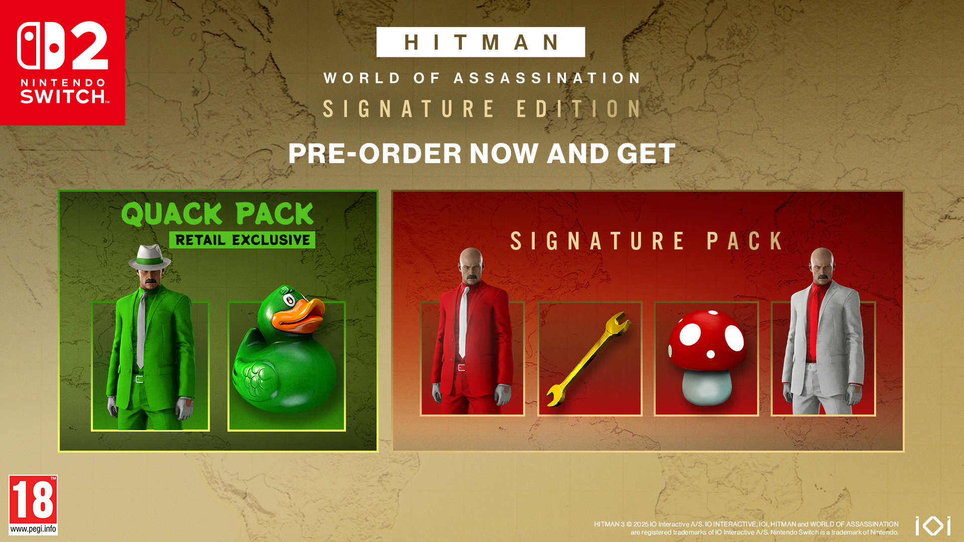 Promocja gry Hitman. Pokazuje łysą postać w czerwonym garniturze i zieloną gumową kaczkę. Białe tło.