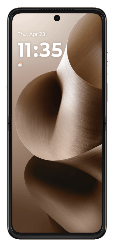 Otwarty brązowy ekran telefonu wyświetlający godzinę i datę na brązowym tle.