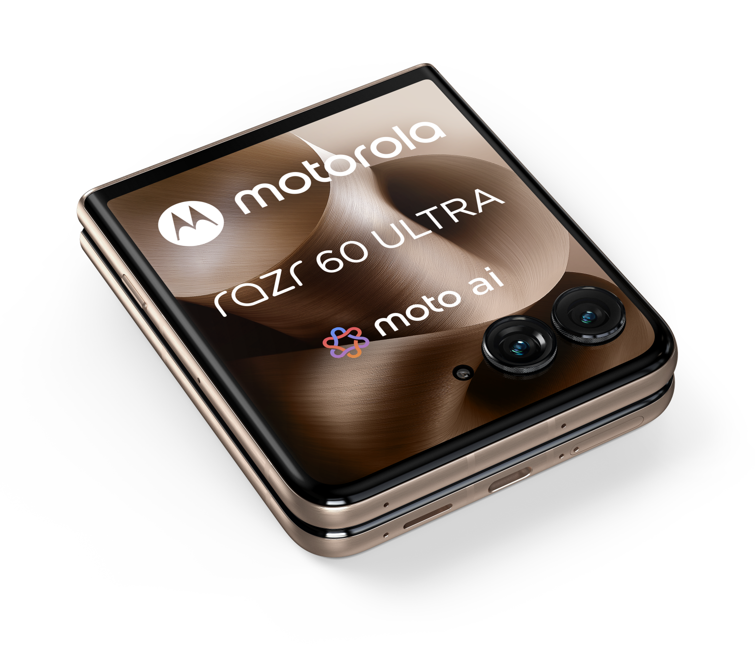 Widok pod kątem złożonego złotego telefonu z marką Motorola Razr 60 Ultra.