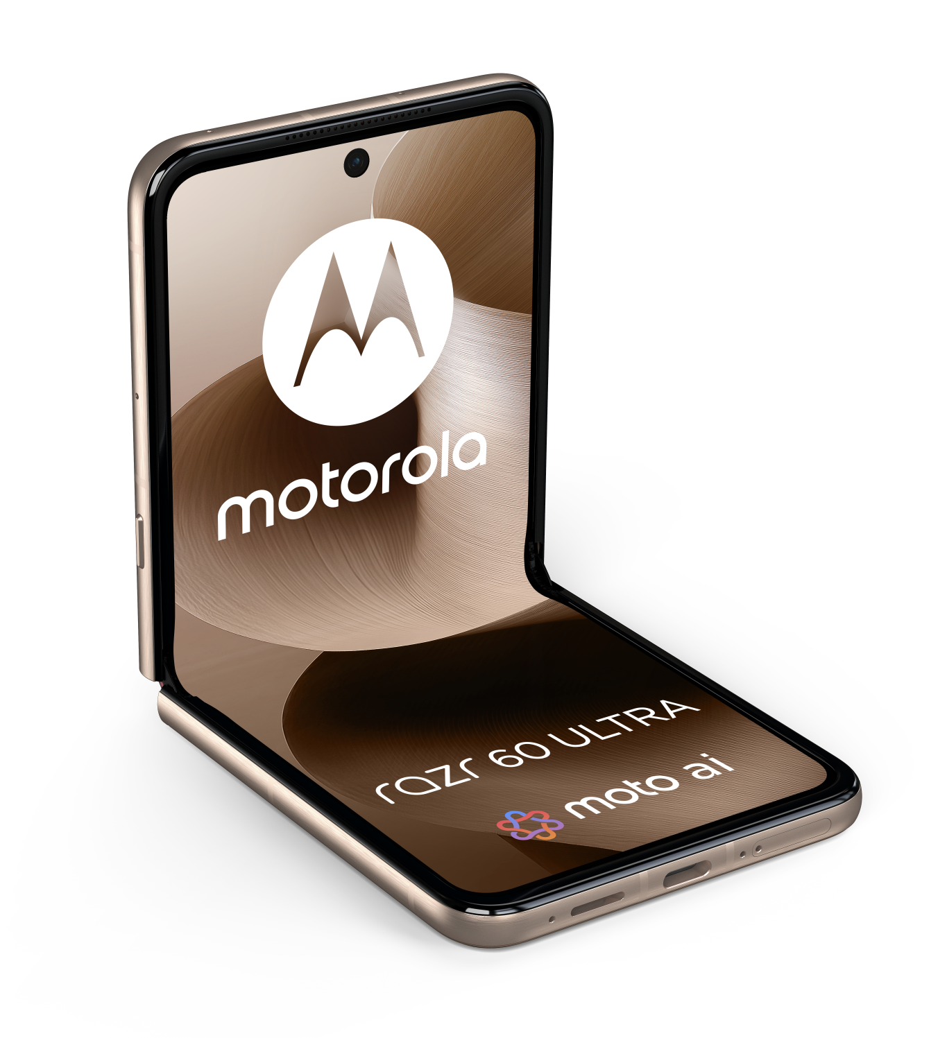 Częściowo otwarty złoty telefon z marką Motorola Razr 60 Ultra.