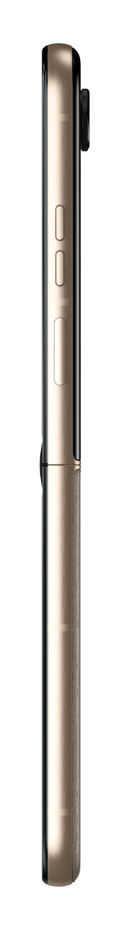 Widok z boku złotego telefonu z przyciskami na czarnym tle.