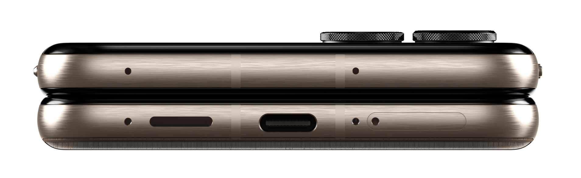 Widok z góry i z dołu złotego telefonu z czarnym obramowaniem na czarnym tle.