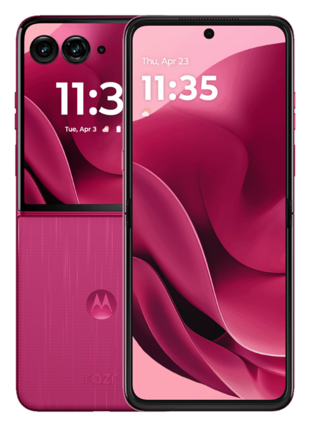 Różowy telefon Motorola Razr, otwarty z różowym abstrakcyjnym wzorem na ekranie.