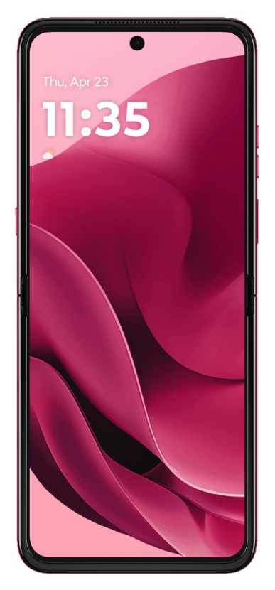 Różowy telefon Motorola Razr, otwarty z różowym abstrakcyjnym wzorem na ekranie.