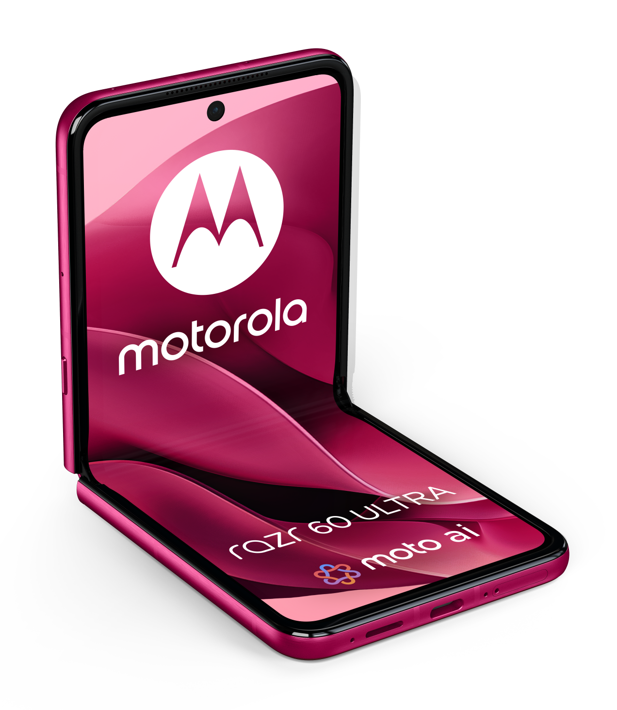 Różowy telefon Motorola Razr, otwarty, pokazujący ekran i dolną część.