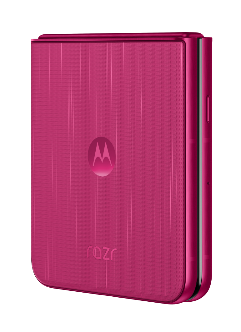 Różowy telefon Motorola Razr, zamknięty, tylny panel z logo Motorola i tekstem Razr.