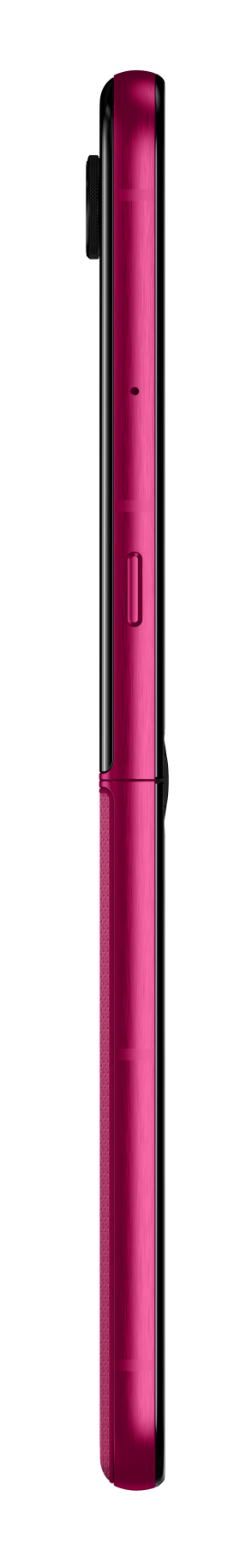 Widok z boku magenta smartfona na czarnym tle.