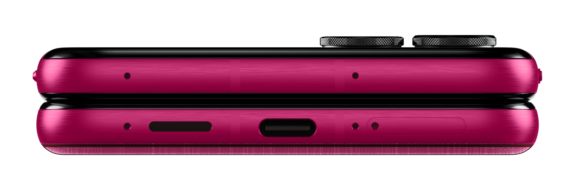 Widok z góry i z dołu magenta telefonu z czarnym obramowaniem.