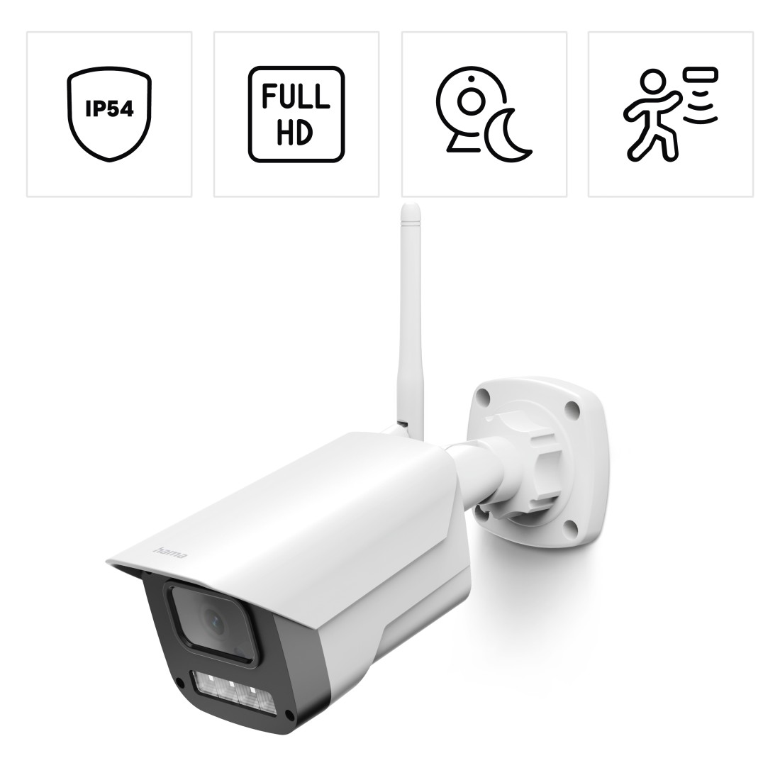 Weiße Überwachungskamera mit Symbolen: IP54, Full HD, Nachtsicht, Bewegungserkennung.