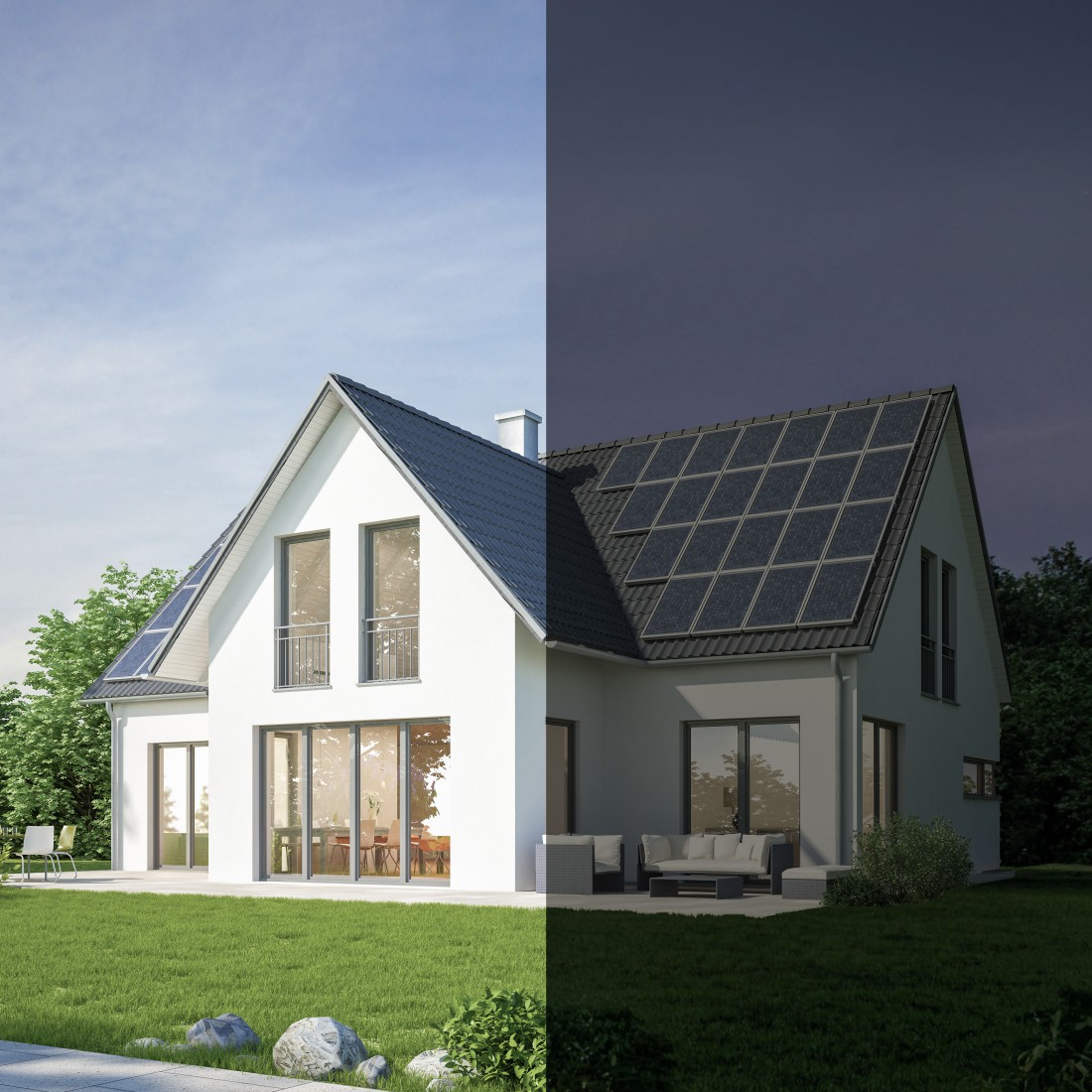 Ein Haus in zwei Tageszeiten: Tag und Nacht, mit Sonnenkollektoren.